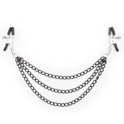 Ohmama fetish nippelklemmem mit schwarzen ketten aus silbernem metall und schwarzen kunststoffgriffen verbunden durch dreilagige ketten