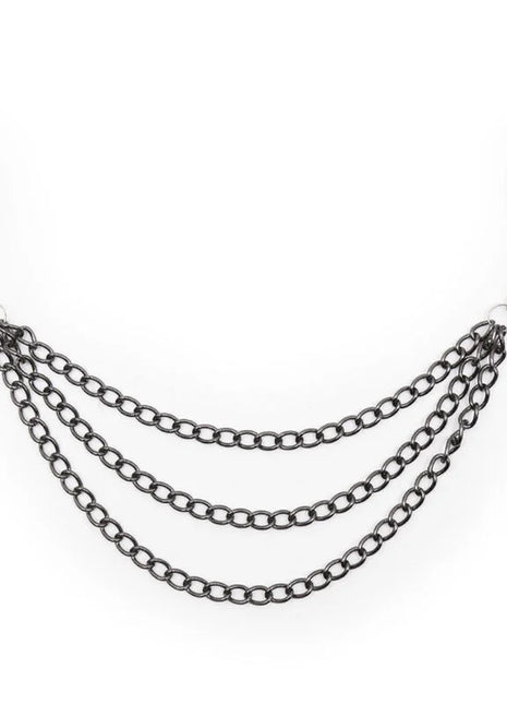 Ohmama fetish nippelklemmem mit schwarzen ketten aus silbernem metall und schwarzen kunststoffgriffen verbunden durch dreilagige ketten
