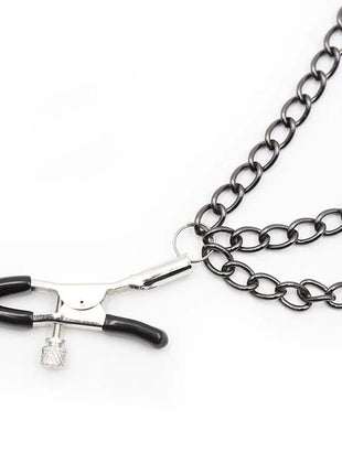 Ohmama fetish schwarze und silberne metall nippelklammern mit gummierten griffen an schwarzer kette