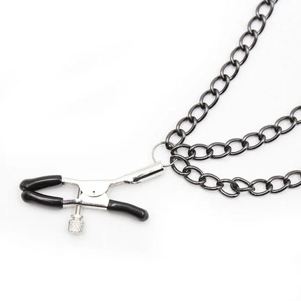 Ohmama fetish schwarze und silberne metall nippelklammern mit gummierten griffen an schwarzer kette
