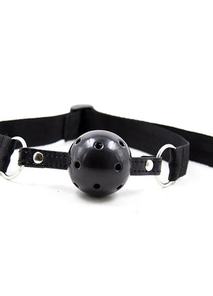 Ohmama fetish nylon-streifen-knebel schwarzer kugelknebel aus plastik mit verstellbarem nylonriemen und silbernen metallringen