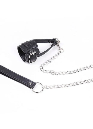 Ohmama fetisch penis-stützhülle mit riemen aus schwarzem leder mit silberner kette und griff