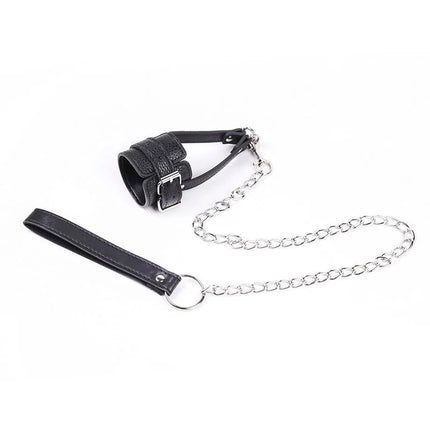 Ohmama fetisch penis-stützhülle mit riemen aus schwarzem leder mit silberner kette und griff