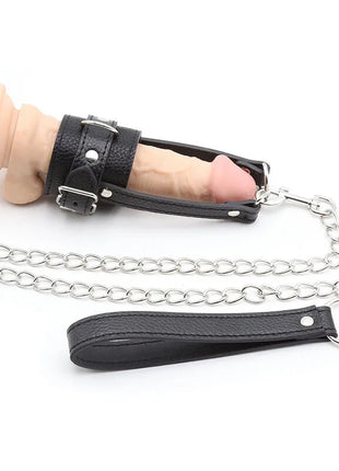 Schwarzer lederharness mit silberner kette und griff für erwachsene ohmama fetish penis-stützhülle mit riemen