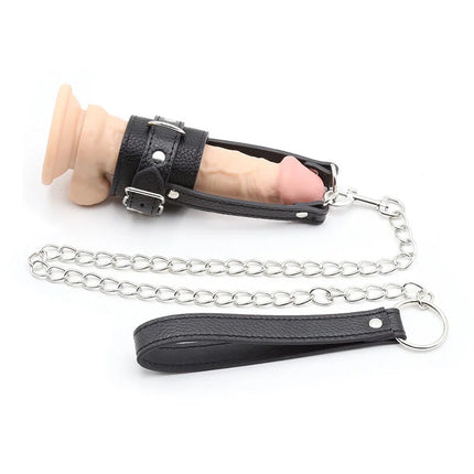 Schwarzer lederharness mit silberner kette und griff für erwachsene ohmama fetish penis-stützhülle mit riemen