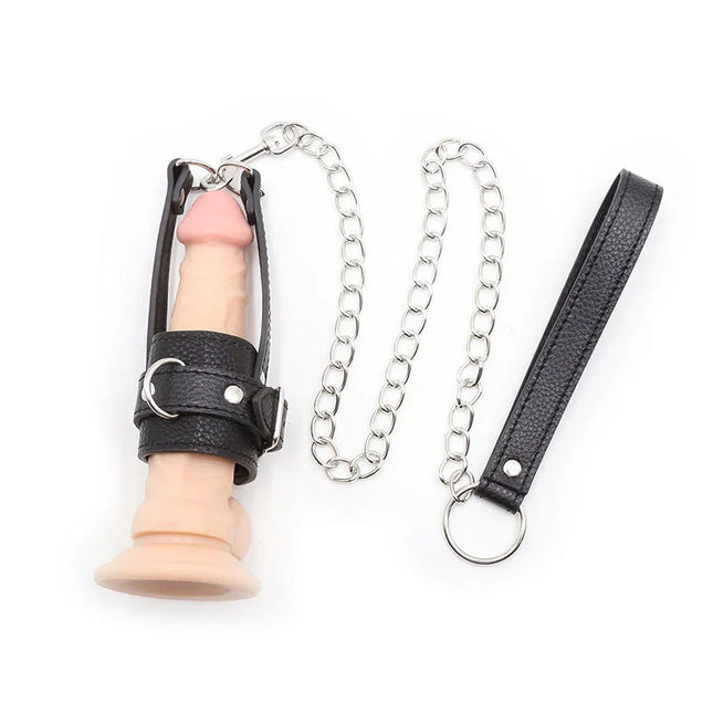Schwarzes lederharness mit silberner kette und griff mit pinkem silikon dildo von ohmama fetish