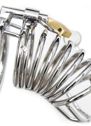 Shiny chrome-plated metal peniskäfig mit goldfarbenem schloss und herzgravur am ring ohmama fetish größe s