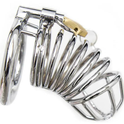 Shiny chrome-plated metal peniskäfig mit goldfarbenem schloss und herzgravur am ring ohmama fetish größe s