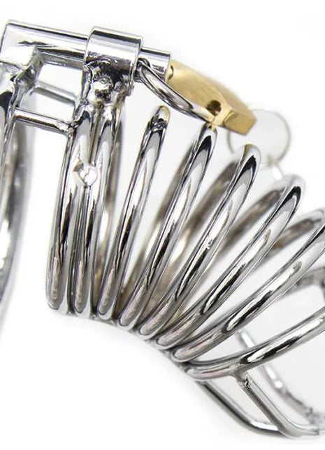 Shiny chrome-plated metal peniskäfig mit goldfarbenem schloss und herzgravur am ring ohmama fetish größe s