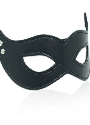 Ohmama fetish pu-maske mit klemmhalterung in schwarzem leder mit silbernen nieten und genähten kanten