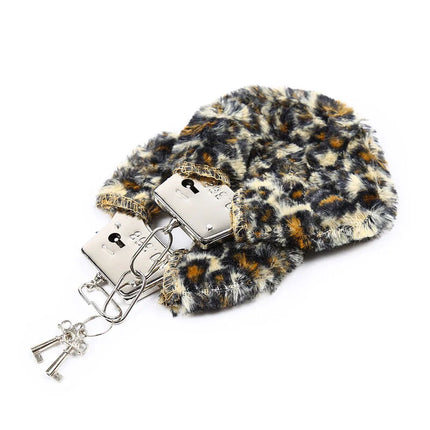Ohmama fetish samt furlined metall handgelenk-manschetten mit pelzigem leopardmuster und schlüssel