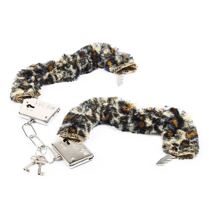 Ohmama fetish samt furlined metall handgelenk-manschetten in leo muster mit silbernen schlössern und schlüsseln