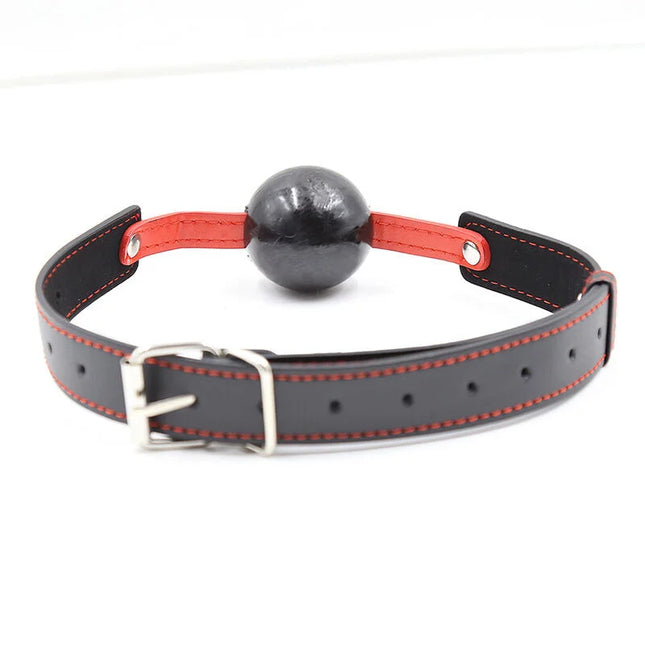Ohmama fetish ttpe-ballknebel schwarzer ledergag mit roter naht und schwarzem kugelmundstück