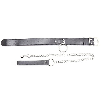 Schwarzes ohmama fetish Untersuchunghalsband aus Leder mit silbernem Ring und passender Leine mit Kette und Haken