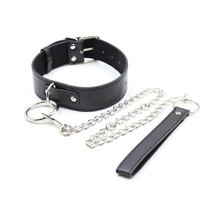 Ohmama fetish schwarzes lederhalsband mit silberner kettleine und passendem handgelenkriemen