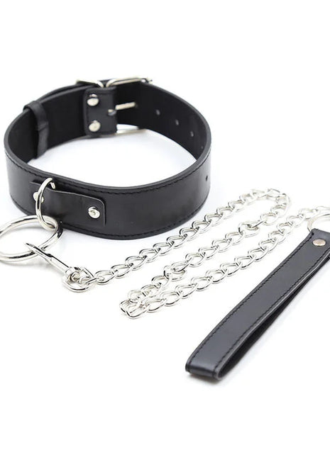 Ohmama fetish schwarzes lederhalsband mit silberner kettleine und passendem handgelenkriemen