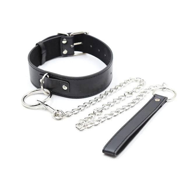 Ohmama fetish schwarzes lederhalsband mit silberner kettleine und passendem handgelenkriemen
