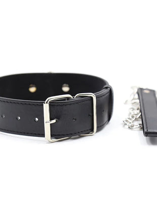 Ohmama fetish untersuchungshalsband mit leine schwarzes lederhalsband mit silberner schnalle und passender lederleine am metallkasten