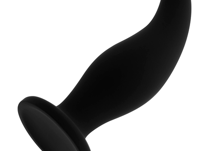 Schwarzer silikon-analsplug ohmama gebogener p-punkt 12 cm mit glatter, geschwungener form und rundem fuß