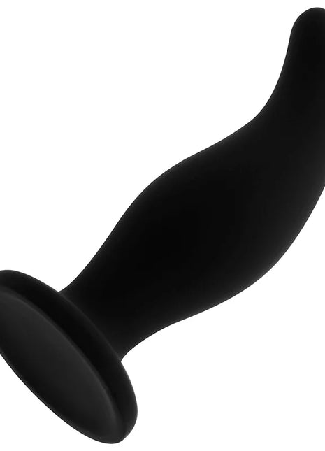 Schwarzer silikon-analsplug ohmama gebogener p-punkt 12 cm mit glatter, geschwungener form und rundem fuß
