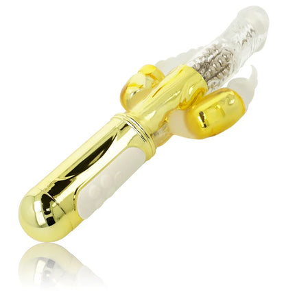 Goldener multifunktionsvibrator ohmama mit transparentem kopf und gelben akzenten in sleekem design