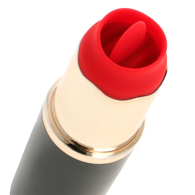 Ohmama lippenstift mit vibrierender zunge roter silikon vibrator mit goldfarbenem metallverschluss und schwarzem körper
