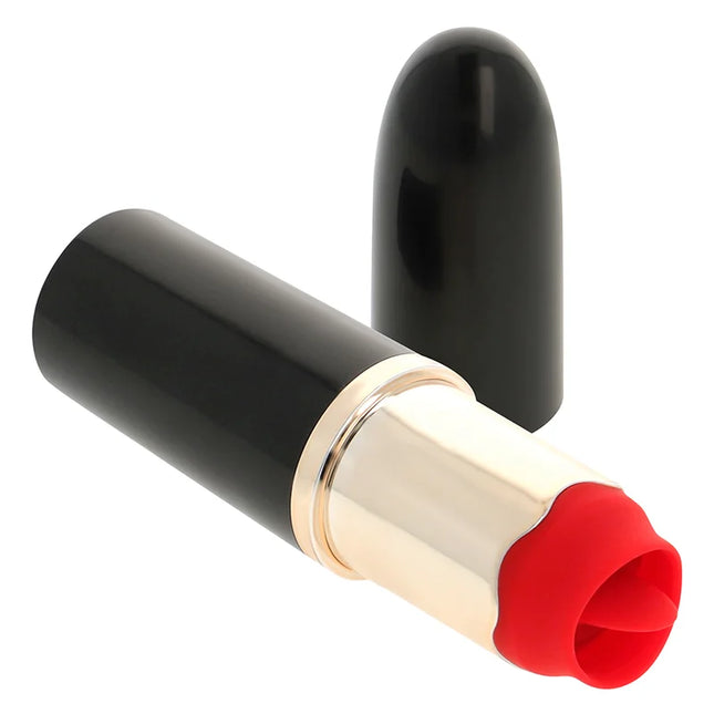 Ohmama lippenstift mit vibrierender zunge in schwarz mit goldband und roter silikonspitze gelegen in schlankem zylinder