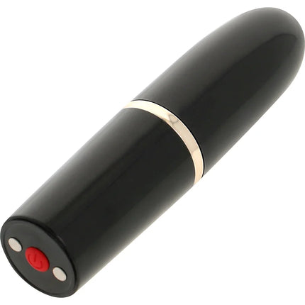 Ohmama lippenstift mit vibrierender zunge schwarzes zylindrisches elektronikgerät mit goldband und rotem powerknopf
