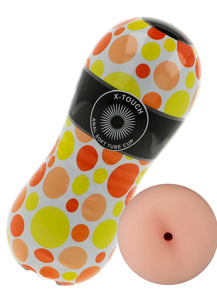 Ohmama masturbator mit anusvibration zeigt weißen schlauchbecher mit orange und gelben punkten und schwarzem brandingband