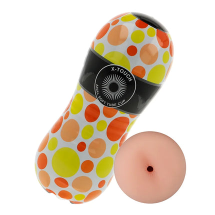 Ohmama masturbator mit anusvibration zeigt weißen schlauchbecher mit orange und gelben punkten und schwarzem brandingband