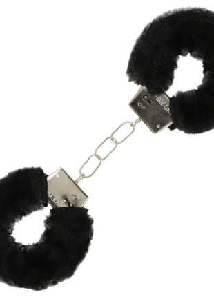 Black faux fur handcuffs with silver metal clasps and chain from ohmama paar-set nummer 3