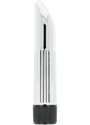 Ein eleganter chrom-finish vibrator mit weißem durchscheinendem körper und geriffeltem schwarzen knopf grundstück im ohmama paar-set nummer 6