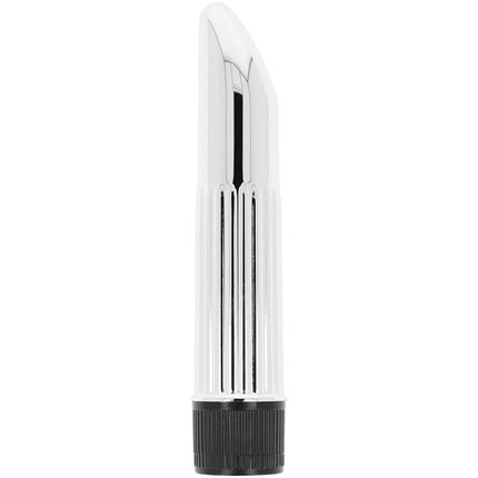 Ein eleganter chrom-finish vibrator mit weißem durchscheinendem körper und geriffeltem schwarzen knopf grundstück im ohmama paar-set nummer 6