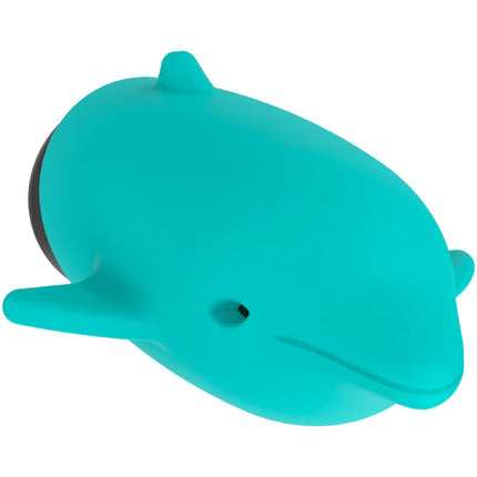 Teal dolphinförmiger saugnapf aus silikon mit glatten konturen und kleinem schwarzem detail seitlich für ohmama pocket dolphin vibrator xmas edition