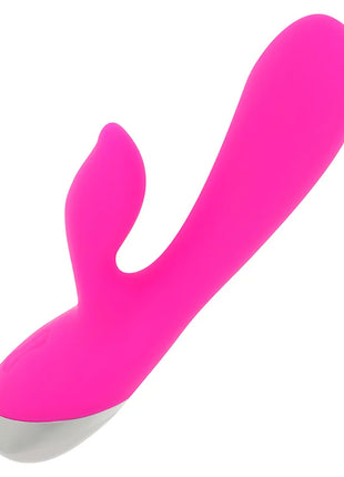 Vibrant pink silikon rabbit-vibrator ohmama mit silberner metallbasis und 10 vibrationsmodi 19 cm lang