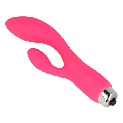 Ein lebhafter pinkfarbener silikon-rabbit-vibrator ohmama 13 cm mit metallischer silberbasis