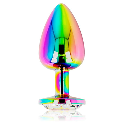 Ohmama schillernder kreisförmiger analplug größe l mit regenbogenfarbenem metallischem glanz und facettierter basis