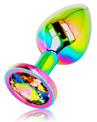 Ohmama schillernder kreisförmiger analplug größe l aus regenbogenfarbenem metall mit facettiertem kristall am stutzende