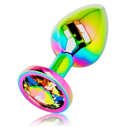 Ohmama schillernder kreisförmiger analplug größe l aus regenbogenfarbenem metall mit facettiertem kristall am stutzende