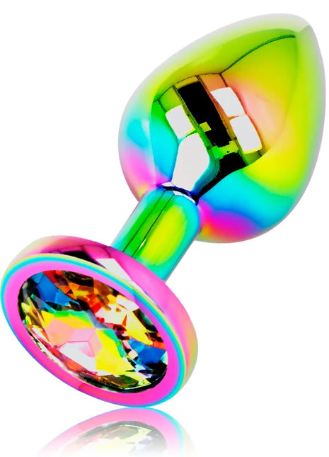 Ohmama schillernder kreisförmiger analplug größe l aus regenbogenfarbenem metall mit facettiertem kristall am stutzende