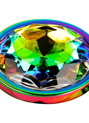 Ohmama schillernder kreisförmiger analplug größe l mit regenbogenfarbenem facettiertem kristall und metallischem rand