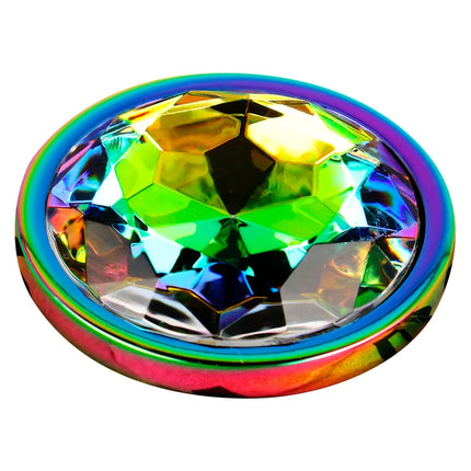 Ohmama schillernder kreisförmiger analplug größe s mit regenbogenfarbenem facettiertem kristall und metallrand