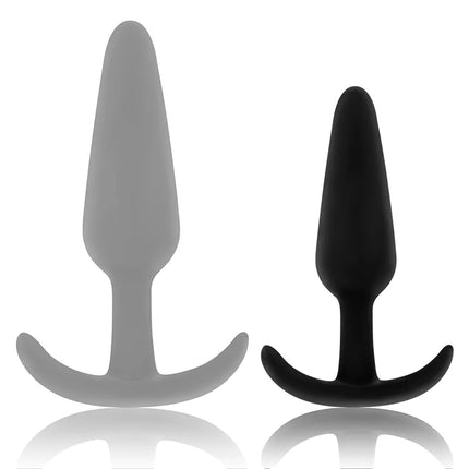 Ohmama silikon-analplug mit kleinem griff aus grauem und schwarzem silikon mit gebogenem ständer sichtbar von hinten