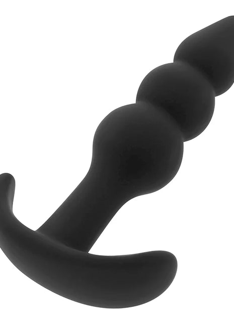 Schwarzer silikon-analstecker ohmama 9,2 cm mit gebogenem griff und segmentiertem körper