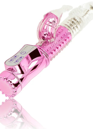 Pink metallic rabbit-vibrator von ohmama mit rotationsfunktion, klitorisstimulator, klarem plastik-kopf und strukturiertem griff