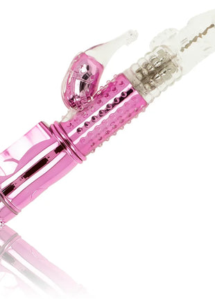 Ohmama vibrator mit rotationsfunktion und klitorisstimulator in rosa und klarem plastik mit metallakzenten in hasenform