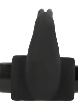 Schwarzer silikon vibratorring ohmama in hasenform mit abgerundeten ohren und glänzend glatter oberfläche