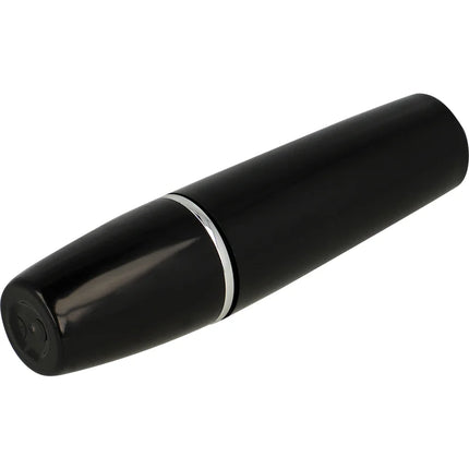 Schwarzer zylindrischer ohmama vibrierender lippenstift mit glänzendem finish und silbernem metallband am unteren ende