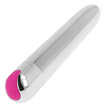 Ohmama wiederaufladbarer silbervibrator aus metall mit 10 modi und pinkem silikonknopf am ende