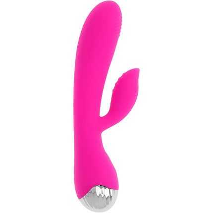 Vibrant pink silicone rabbit vibrator with metallic silver base ohmama wiederaufladbar 10 vibrationsmodi 19 cm
